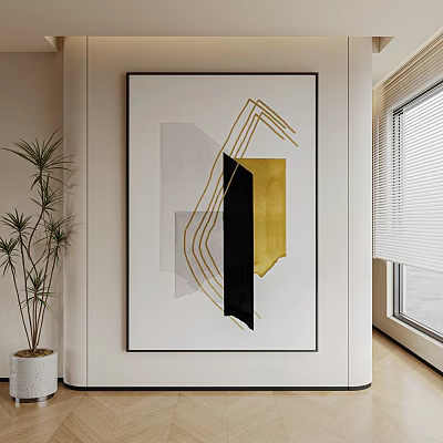 Abstract Painting With Geometric Shapes Gold Black Gray White Tones In Modern Interior 3d model