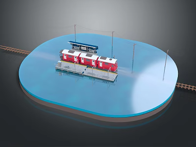 Cartoon Scene With Blue Circular Platform Red Train Carriages Platform Sign And Railway Tracks 3d model