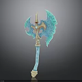 Ornate Blue And Gold Axe Weapon With Mythical Carvings And Red Gem