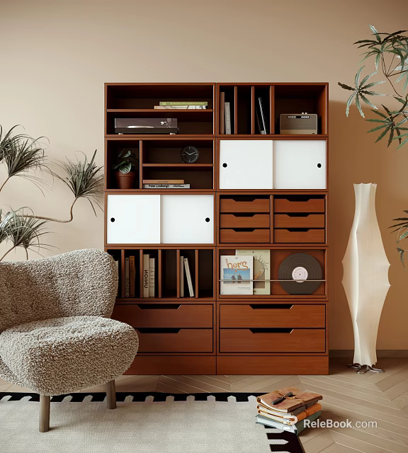 Wooden Display Cabinet With Shelves Drawers White Doors Books Vinyl Records Potted Plant And Clock 3d model 