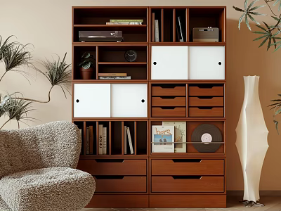 Wooden Display Cabinet With Shelves Drawers White Doors Books Vinyl Records Potted Plant And Clock 3d model