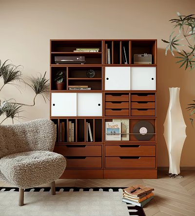 Wooden Display Cabinet With Shelves Drawers White Doors Books Vinyl Records Potted Plant And Clock 3d model
