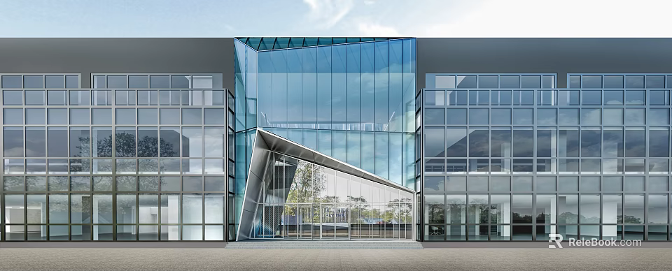 Modern Office Building With Glass Curtain Wall And Geometric Facade Design 3d model