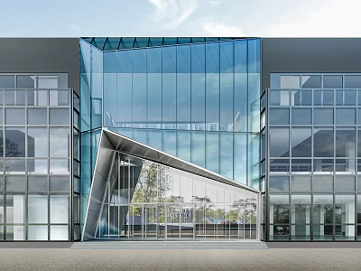 Modern Office Building With Glass Curtain Wall And Geometric Facade Design 3d model