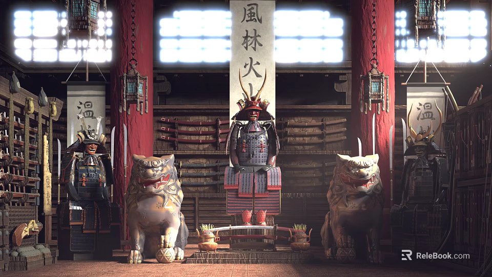 Cartoon Scene Featuring Samurai Armor Stone Lions And Furin Kazan Plaque With Red Pillars Lanterns 3d model 