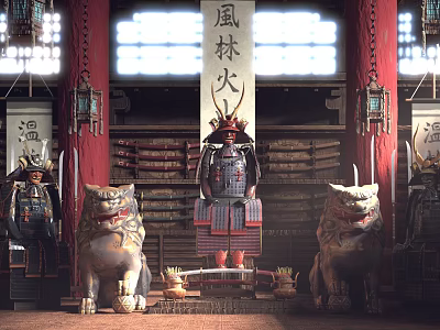 Cartoon Scene Featuring Samurai Armor Stone Lions And Furin Kazan Plaque With Red Pillars Lanterns 3d model