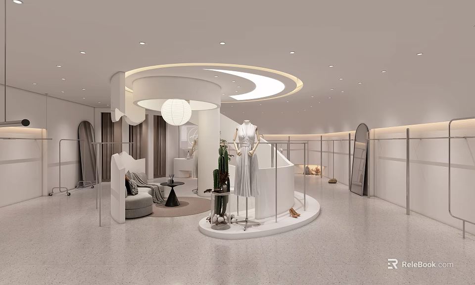 Modern Clothing Store Interior Design With Round Display Platform Mannequin And Sofa 3d model 