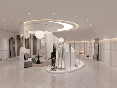 Modern Clothing Store Interior Design With Round Display Platform Mannequin And Sofa 3d model