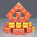 Red And Yellow Stacked Boxes With Chinese Auspicious Symbols In Pyramid Formation