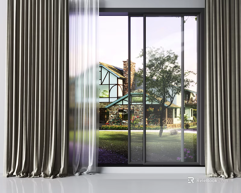 Elegant Curtains With Sheer Panels Framing Window And Outdoor House View 3d model 