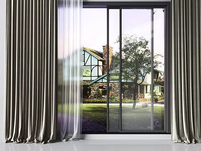 Elegant Curtains With Sheer Panels Framing Window And Outdoor House View 3d model