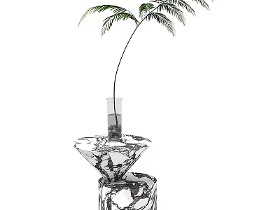 Round Marble Side Table with Glass Vase and Green Palm Plant Decoration 3d model