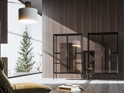Modern Wooden Chest of Drawers In Living Room With Glass Doors And Natural Light 3d model