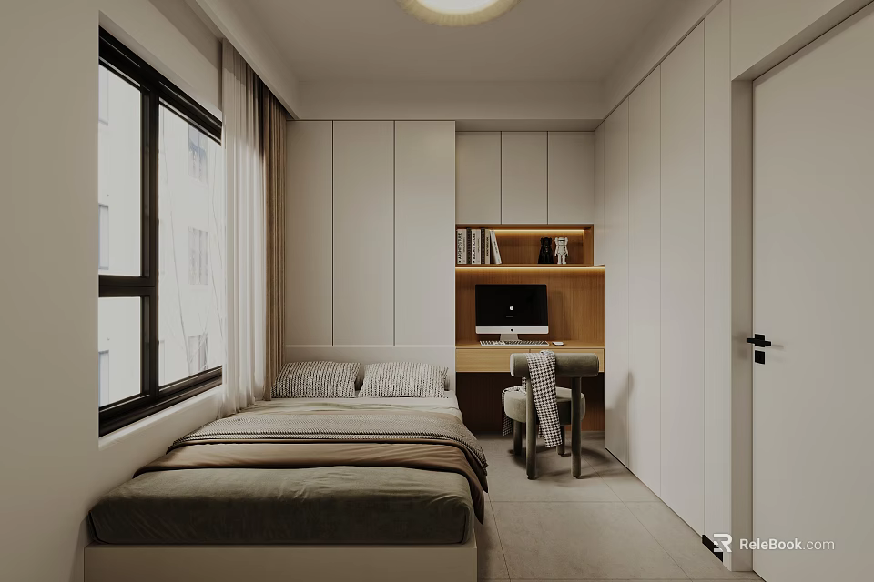 Modern Tatami Bedroom Interior Design With White Cabinets Desk Computer Bookshelf And Window Curtain 3d model 