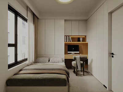 Modern Tatami Bedroom Interior Design With White Cabinets Desk Computer Bookshelf And Window Curtain 3d model