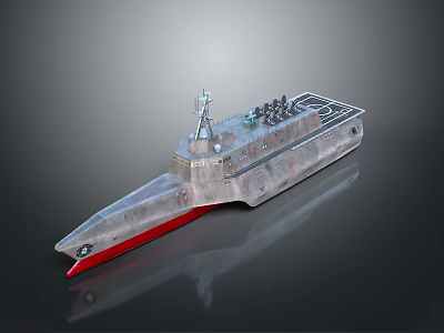 Water Vessel with Silver Gray Hull Red Bottom and Top Antenna Weaponry 3d model