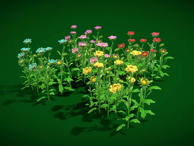 Colorful flowering plants with various colored blooms stems and leaves on green background 3d model