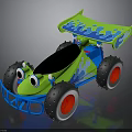 Cartoon Style Green Toy Car With Blue Spoiler Red Wheels And Frog Eyes