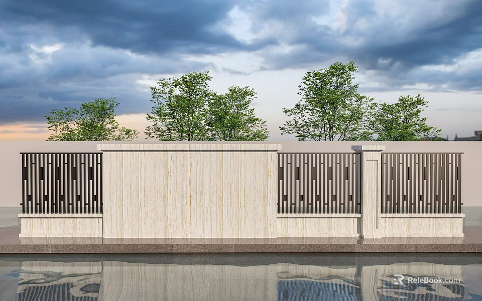 Modern Wooden Landscape Wall With Vertical Lattice Panels And Green Trees Background 3d model 