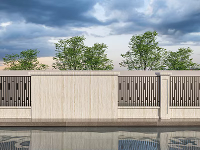 Modern Wooden Landscape Wall With Vertical Lattice Panels And Green Trees Background 3d model