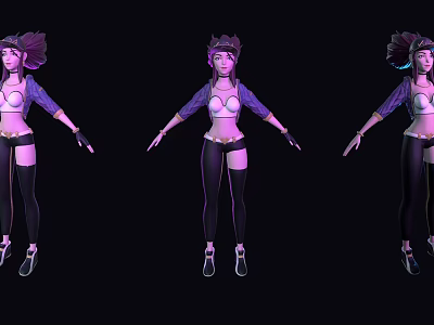 3D Fantasy Creature Character Model With Purple Hair Multiple Poses And Black Leggings 3d model