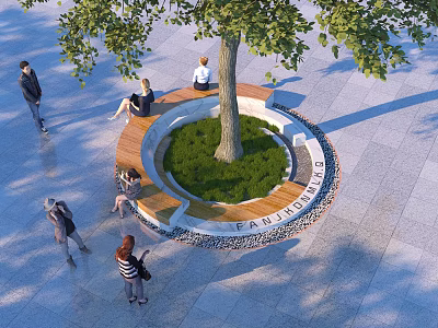 Urban Tree Pit with Wooden Benches Surrounding Central Tree and Pedestrians in Paved Square 3d model