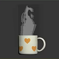White Mug With Yellow Heart Patterns And Steam On Dark Background With Reflection 3d model