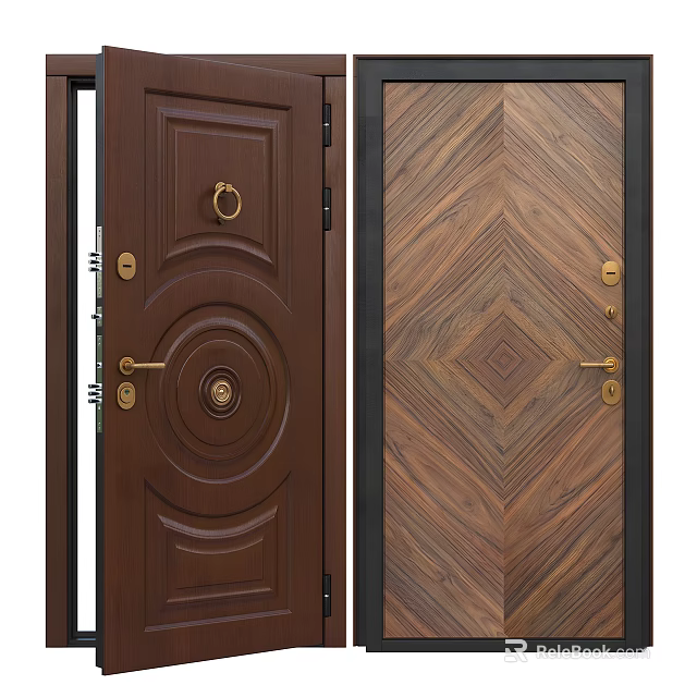 Dark Brown Security Doors With Decorative Design And Golden Hardware Wood Grain Patterns 3d model 