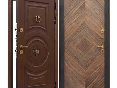 Dark Brown Security Doors With Decorative Design And Golden Hardware Wood Grain Patterns 3d model