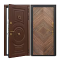 Dark Brown Security Doors With Decorative Design And Golden Hardware Wood Grain Patterns