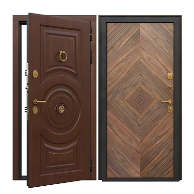 Dark Brown Security Doors With Decorative Design And Golden Hardware Wood Grain Patterns 3d model