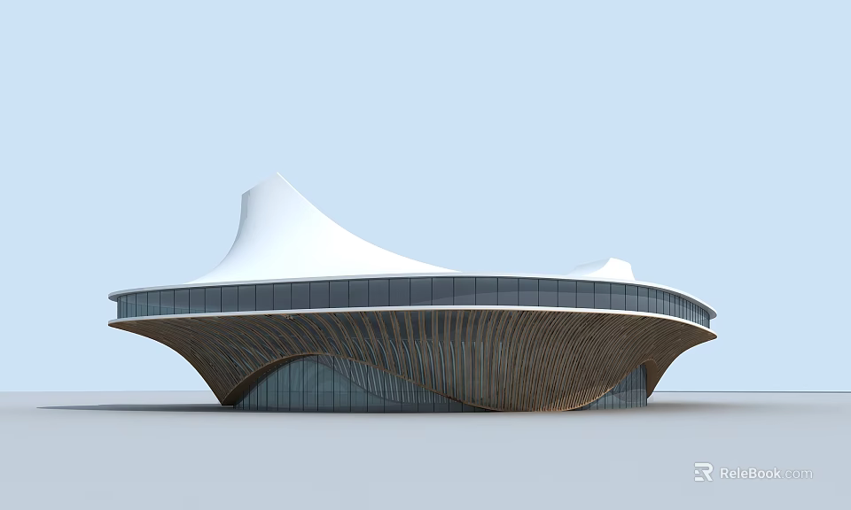 Modern Architectural Design With White Curved Roof Wooden Exterior And Glass Windows 3d model 