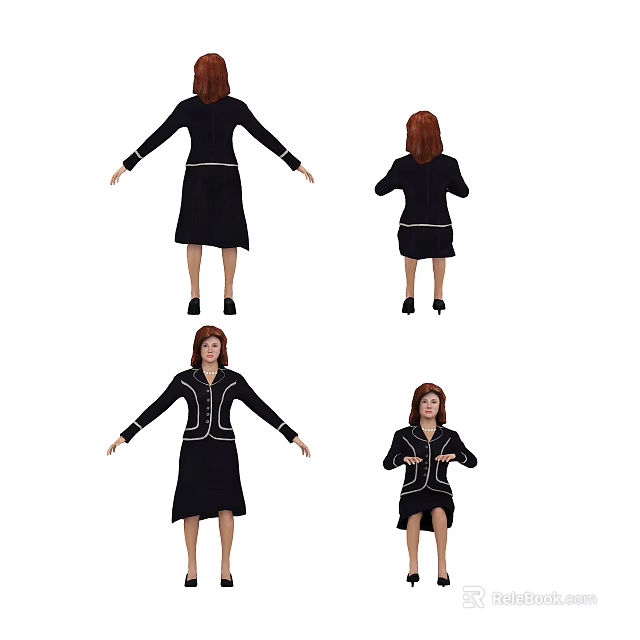 Woman In Black Dress With White Trim In Various Standing And Seated Poses 3d model 