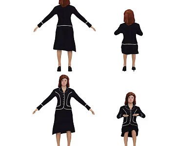 Woman In Black Dress With White Trim In Various Standing And Seated Poses 3d model