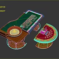 Wooden Gambling Table Set With Green Felt Roulette Wheel And Red Semicircular Poker Table