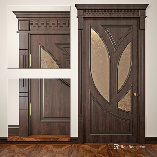 Classic Wooden Swing Door With Curved Glass Panels And Decorative Frame Details 3d model 