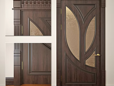 Classic Wooden Swing Door With Curved Glass Panels And Decorative Frame Details 3d model