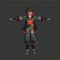 3D Young Boy Character Model Wearing Traditional Outfit With Green Red Accents And Standing Pose