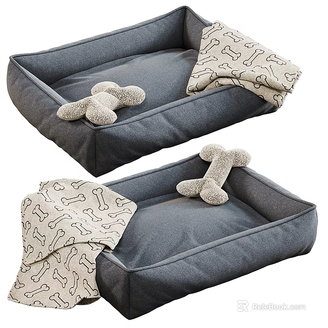 Pet Beds With Bone Shaped Toys And Patterned Blankets 3d model 