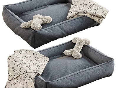 Pet Beds With Bone Shaped Toys And Patterned Blankets 3d model