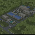 Industrial Factory Complex With Multiple Buildings Blue Roofs Access Roads And Green Trees