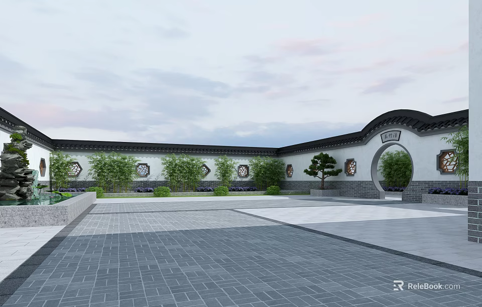 Traditional Chinese Garden Landscape Featuring Moon Gate Trees And Paved Courtyard 3d model 
