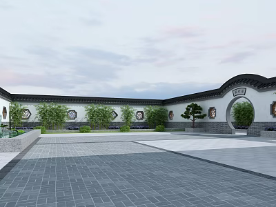 Traditional Chinese Garden Landscape Featuring Moon Gate Trees And Paved Courtyard 3d model