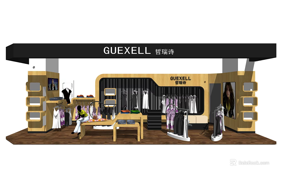 Guexell Clothing Store Interior With Fashion Displays Mannequins And Shelves 3d model 