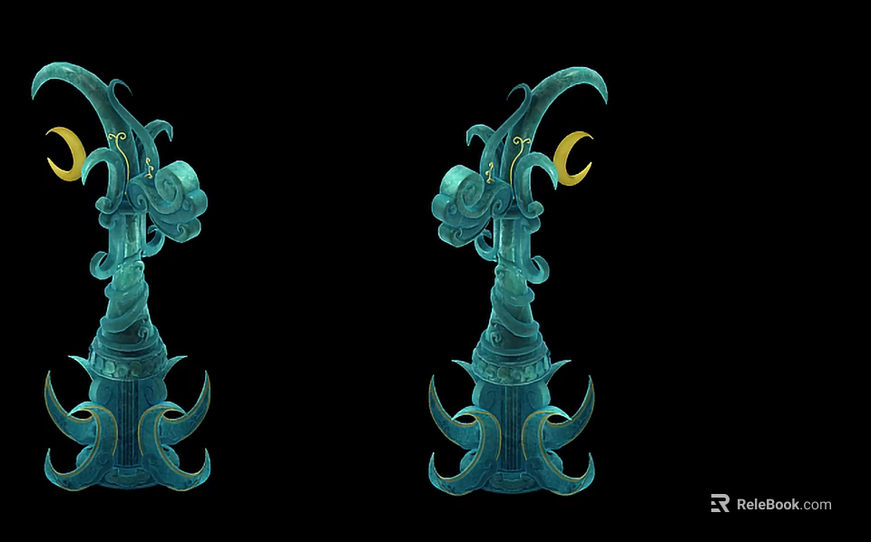 Two Teal Dragon Like Ornamental Scene Components With Moon Accent 3d model 