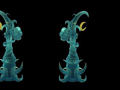 Two Teal Dragon Like Ornamental Scene Components With Moon Accent 3d model