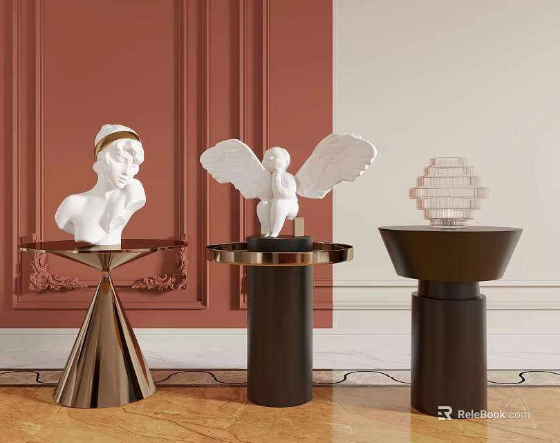 Modern Metal Side Tables with Gold Black Bases and Decorative Sculptures on Red Wall Background 3d model 