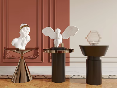 Modern Metal Side Tables with Gold Black Bases and Decorative Sculptures on Red Wall Background 3d model
