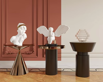 Modern Metal Side Tables with Gold Black Bases and Decorative Sculptures on Red Wall Background 3d model