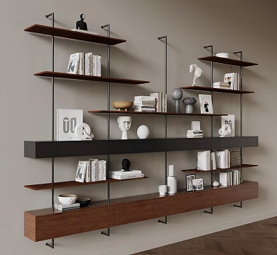 Modern Wall-Mounted Shelving Unit With Books Decorative Sculptures Vases And Photo Frames 3d model